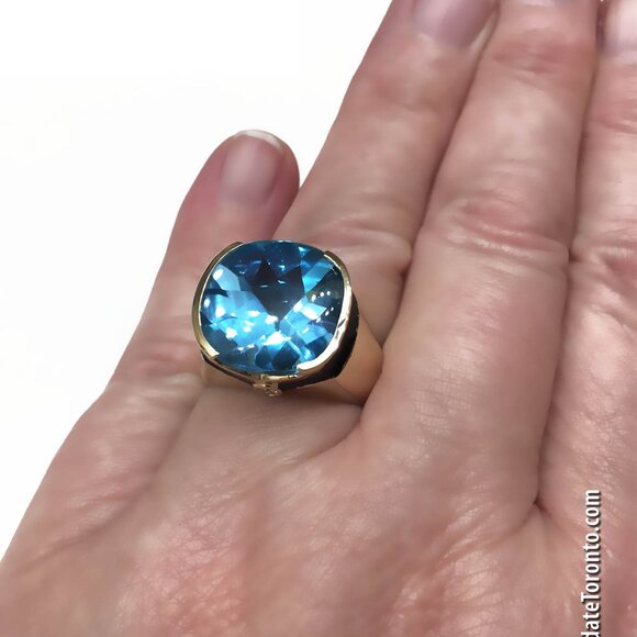 NWOT Custom Made Men's 10K YG Cushion Faceted Blue Topaz, Enamel & Diamond Ring - Picture 11 of 14